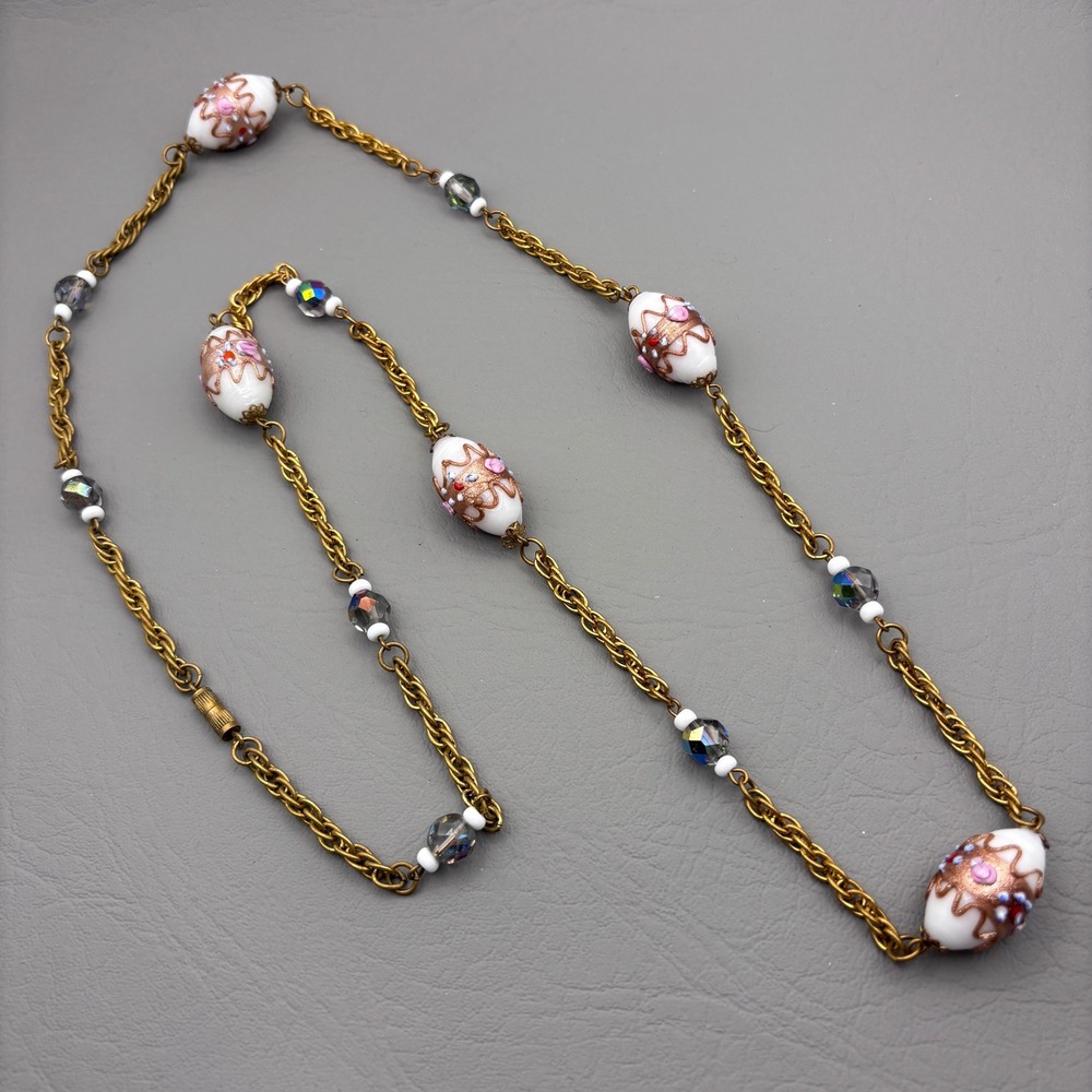 Vintage Wedding Cake Milk Glass Station Necklace Gold Tone AB Crystal 35 Inch